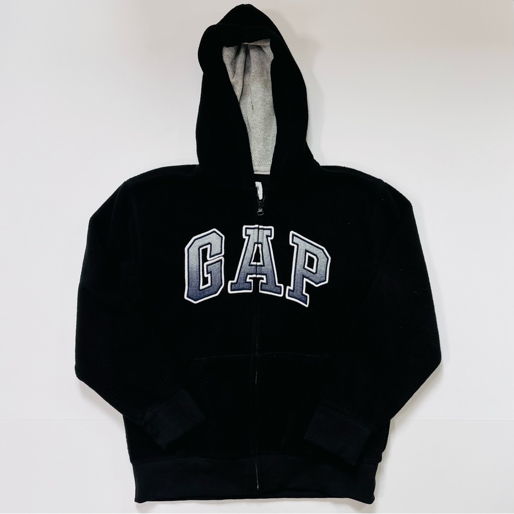 Gap Logo Sherpa Zip up Hoodie. Black with grey logo on front.